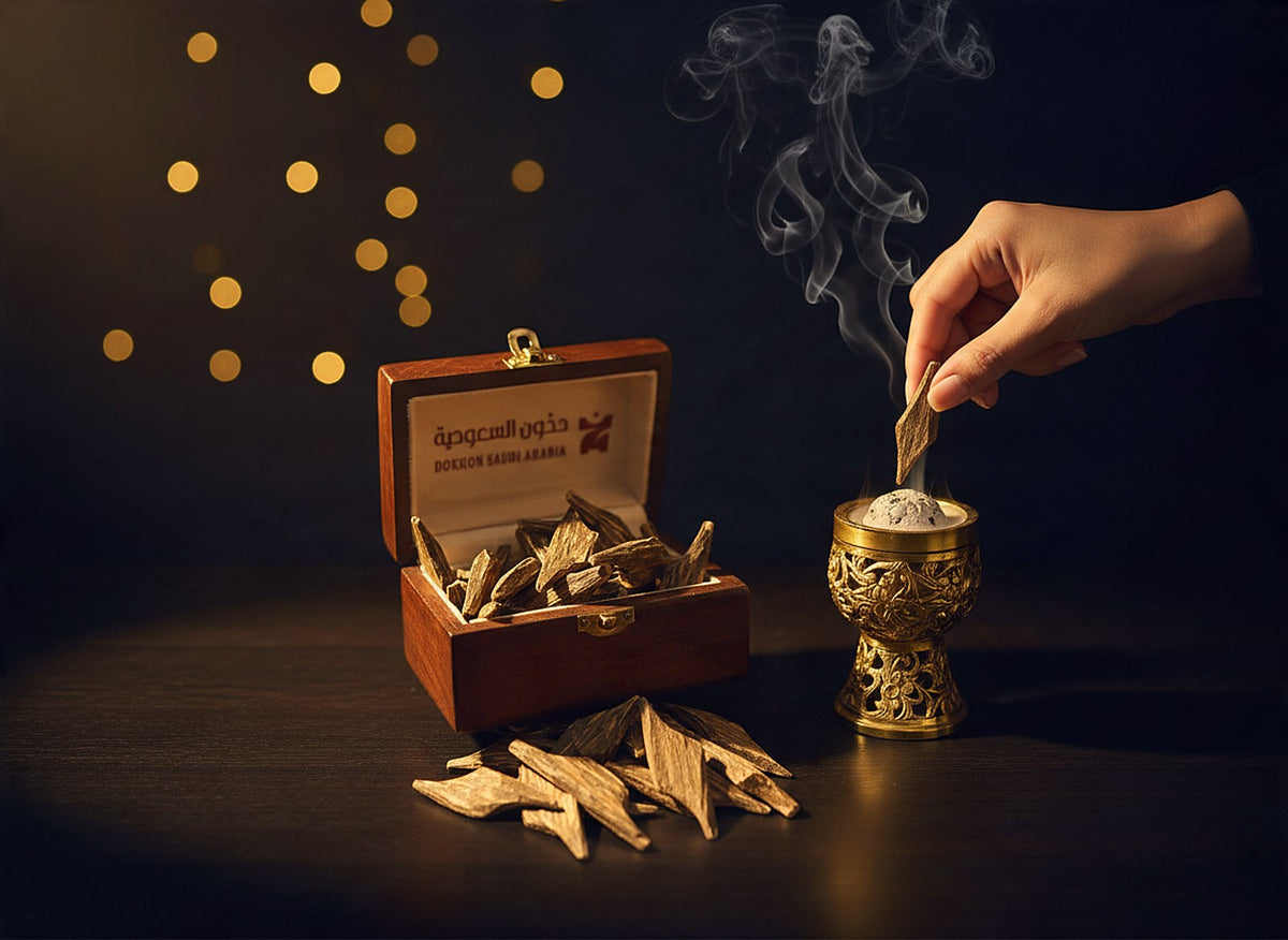 صندوق عود طبيعي من دخون السعودية مع مبخرة ذهبي